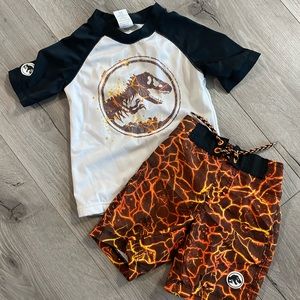 Dino rash guard and swim trunks
